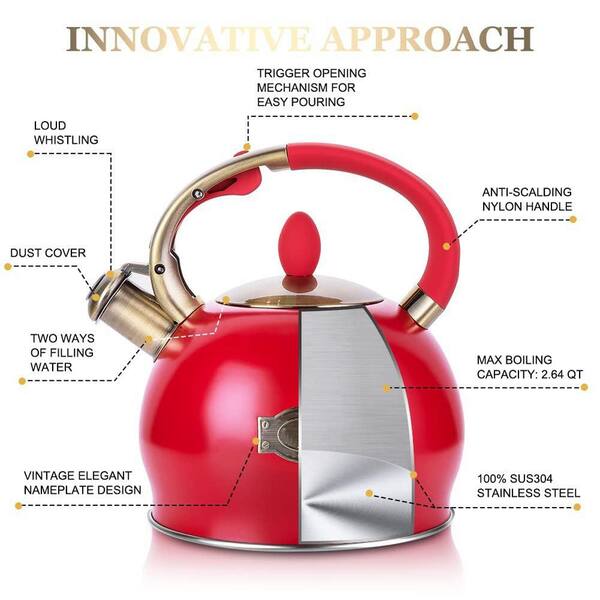 Wudkey 10-Cup Red Stove Top Whistling Tea Kettle, Food Grade Stainless Steel with Cool Touch Handle, Fast Boiling