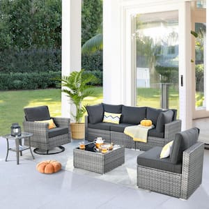 Daffodil M Gray 7-Piece Wicker Patio Outdoor Conversation Sofa Set with a Swivel Rocking Chairs and Black Cushions