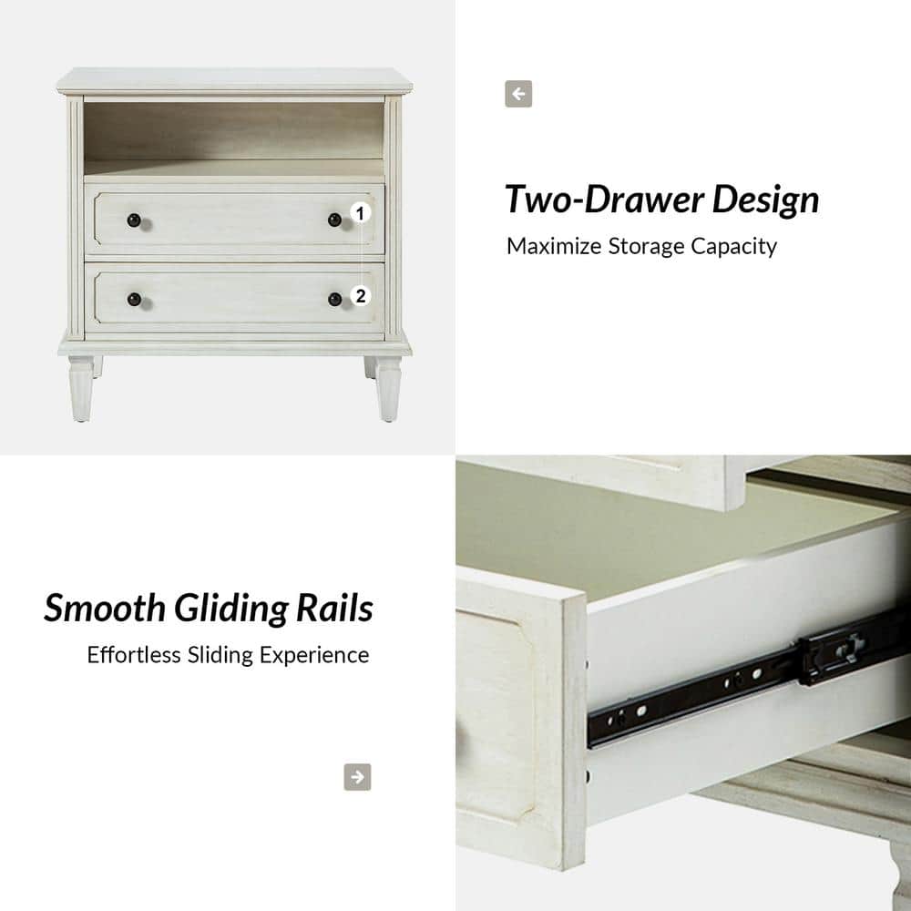 Juiien Mid-Century Solid Wood 2 - Drawer Storage Nightstand with USB Port Set of 2-Walnut - thumbnail 6