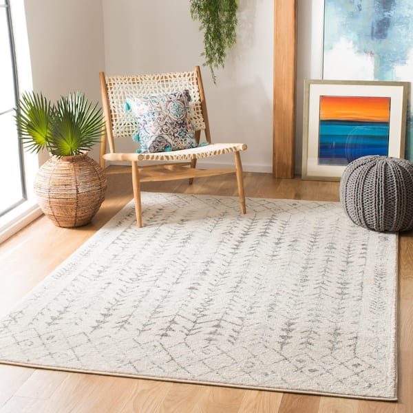 Tulum Ivory/Gray 9 ft. x 9 ft. Square Tribal Diamonds Border Area Rug