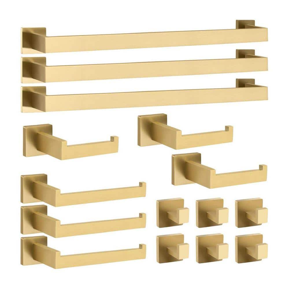 15-Piece Wall Mounted Stainless Steel Bath Hardware Set with Towel Bars, Toilet Paper Holders, Hooks and Racks in Gold
