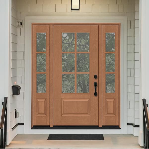 Regency 68 in. x 80 in. 3/4-6 Lite Clear Glass LH AutumnWheat Stain Mahogany Fiberglass Prehung Front Door w/Dbl 14in.SL