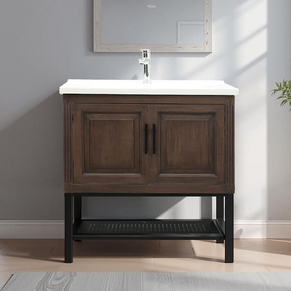 32 in. Single Sink Freestanding Bathroom Vanity with Top, White Ceramic Sink and MGO Brown Cabinet, with 1-Hole Faucet