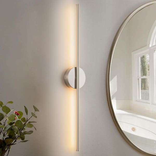 RRTYO Byers 27.5 in. 1-Light Nickel Linear Dimmable LED 3000K Bathroom Vanity Light Wall Sconce with Round Backplate