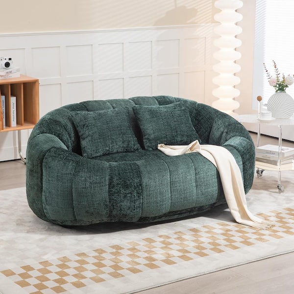 59 in. Emerald Chenille 2-Seater Loveseat Comfort Lounger High Back Bean Bag Chair Lazy Sofa Couch with Pillows