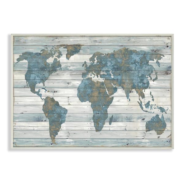 Stupell Industries 12.5 in. x 18.5 in. "Slate Blue and Tan Rustic Weathered World Map" by Artist Jamie MacDowell Wood Wall Art