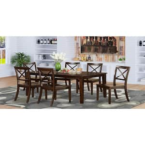 7-Piece Rectangle Cappuccino Finish Solid Wood Top Dining Table with 6 Chairs with Lattice Back