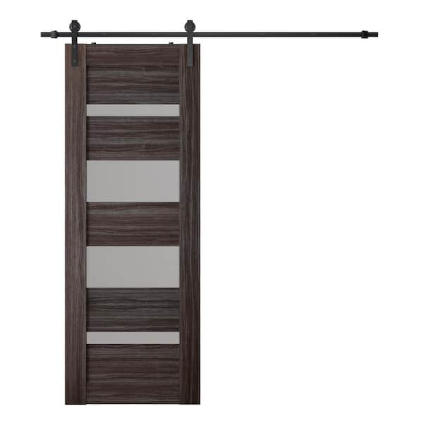Belldinni Mirella 28 in. x 96 in. 5-Lite Frosted Glass Gray Oak Wood Composite Sliding Barn Door with Hardware Kit