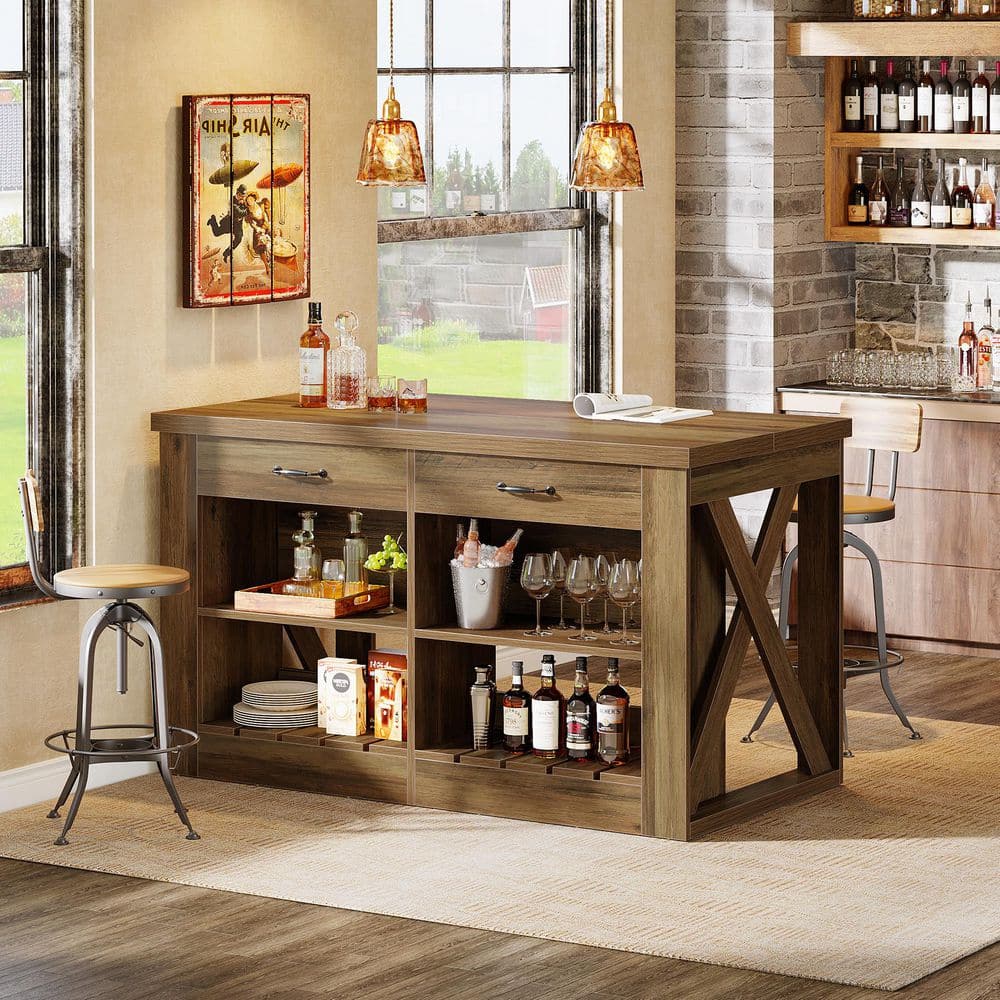 Brown Wood 55.12 in. Kitchen Island with 2-Drawers, Farmhouse Island Table for Kitchen price history on PriceWatchPro