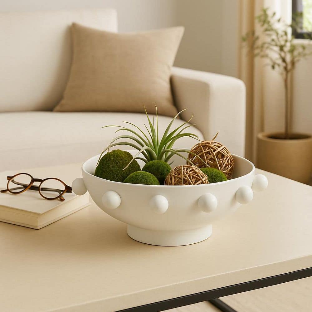 White 11 in. x 4.25 in. Novelty Metal Hobnail Decorative Bowl