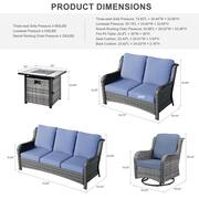 Daydreamer Gray 6-Piece Wicker Patio Fire Pit Set with Denim Blue Cushions and Swivel Rocking Chairs