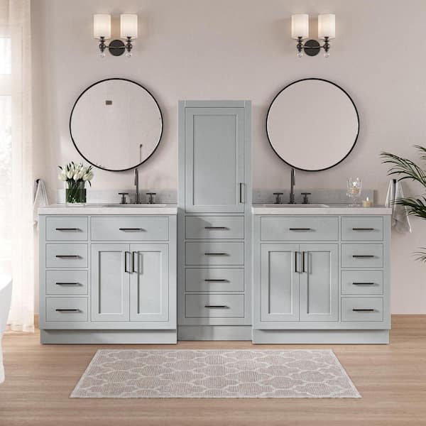 Hepburn 3-Piece 92 in. Wide Double Sink Bath Vanity And Linen Cabinet Set In Grey With Carrara White Quartz Top