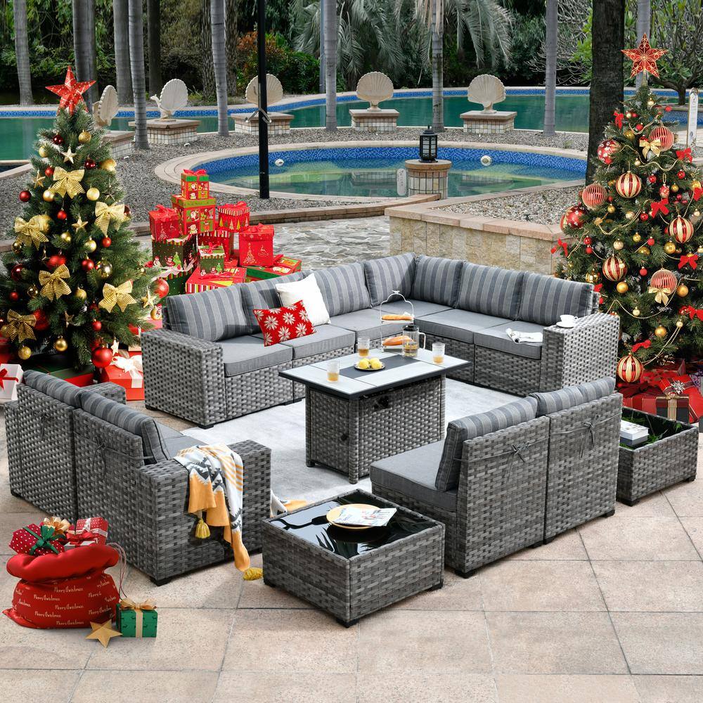 Marlton 13-Piece Gray Wicker Outdoor Sofa Set with Fire Pit