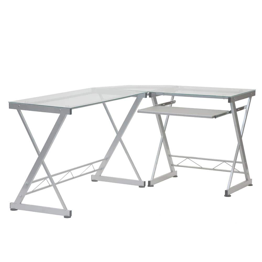 Reno Clear L-Shaped Glass Computer Desk with Keyboard Tray