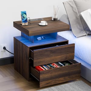 Modern Walnut 2-Drawer 19.7 in. W Nightstand with Charging Station and Smart APP Controlled RGB LED Light Strip