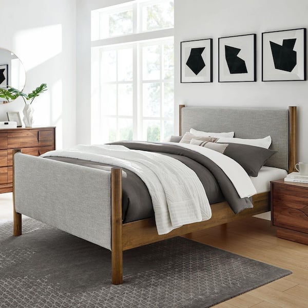 Maven Ivory Walnut Brown Wood Frame Queen Platform Bed with Upholstered Fabric Headboard and Footboard