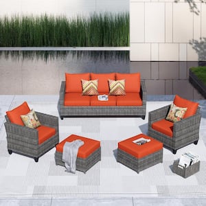 Victoria Gray 5-Piece Wicker Outdoor Patio Conversation Seating Sofa Set with Orange Red Cushions