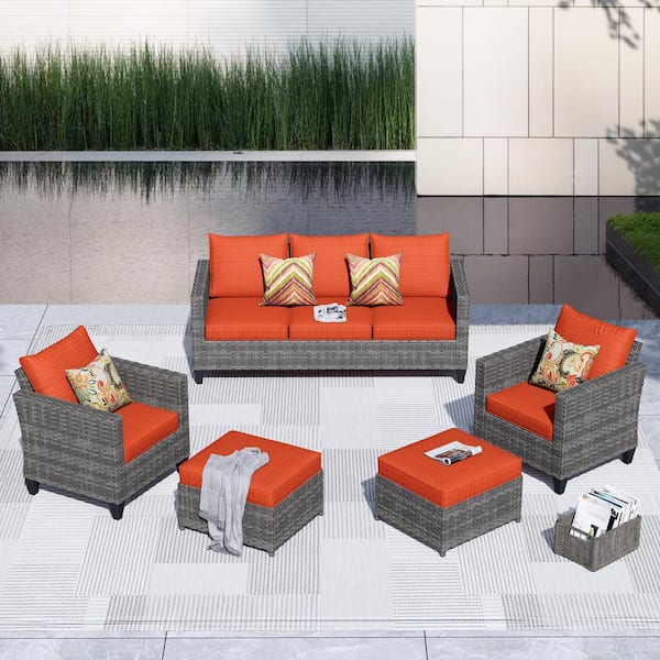 XIZZI Victoria Gray 5-Piece Wicker Outdoor Patio Conversation Seating Sofa Set with Orange Red Cushions
