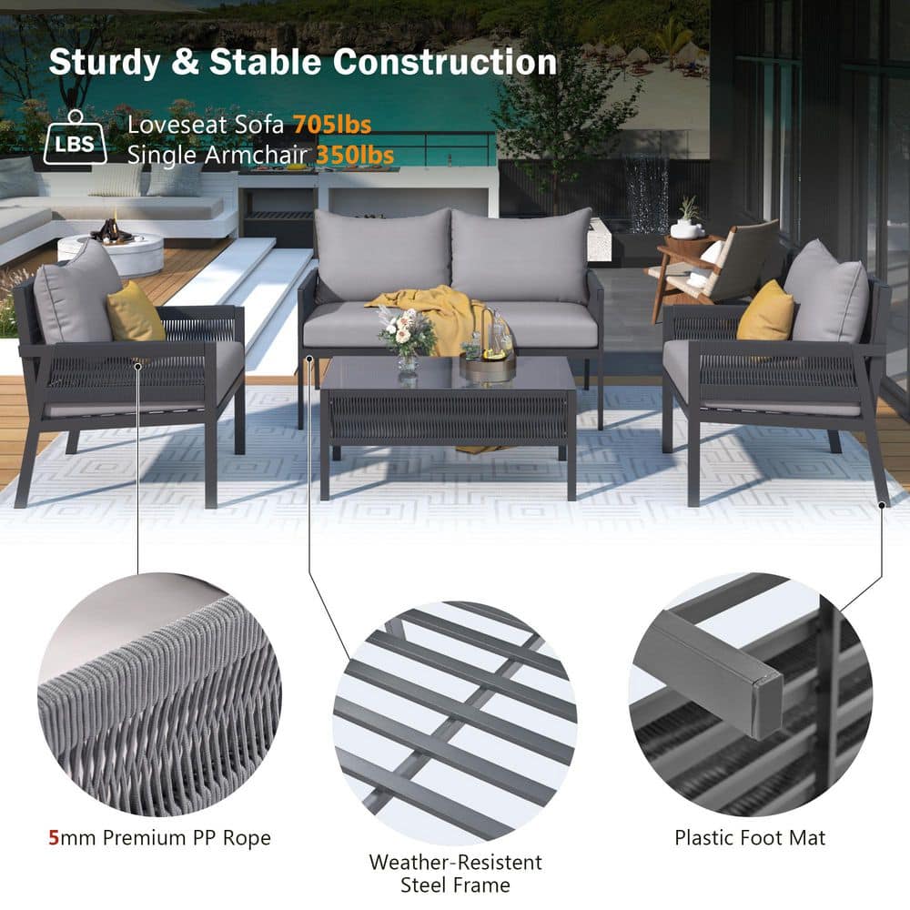 Gray Steel Rope 4-Piece Outdoor Patio Conversation Set with Cushions