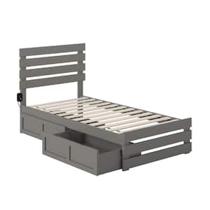 Oxford Grey Twin Solid Wood Storage Platform Bed with Footboard and USB Turbo Charger with 2 Drawers