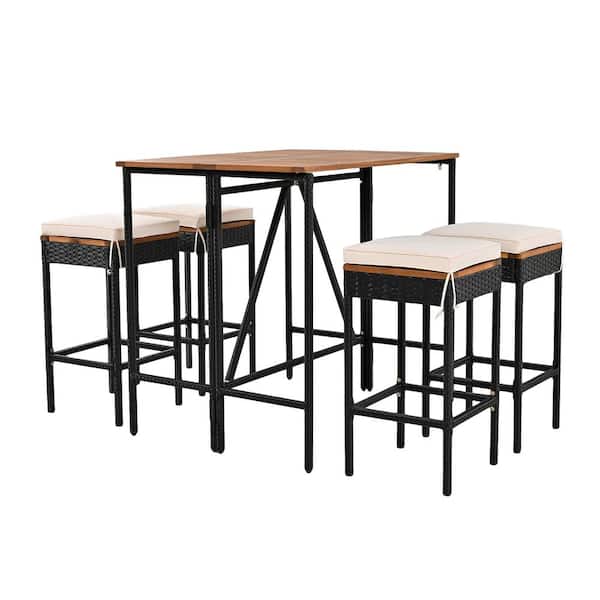 Unbranded 5-Piece Brown Acacia Wood Outdoor Dining Set with Beige Cushions and Dining Table