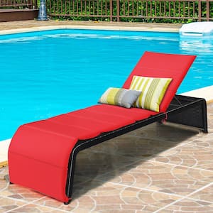 Black Adjustable Height Rattan Wicker Outdoor Patio Recliner Chair Chaise Lounge with Red Cushion