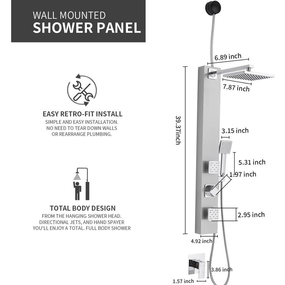 Polished Chrome Shower Panel System with Adjustable Rainfall Shower Head