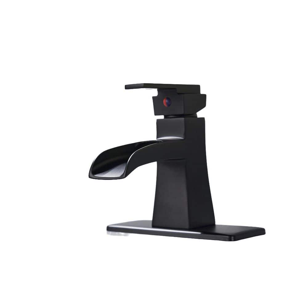 Waterfall Single Handle Bathroom Faucet with Metal Pop-Up Drain, Bathroom Sink Faucet Matte Black in Bathroom