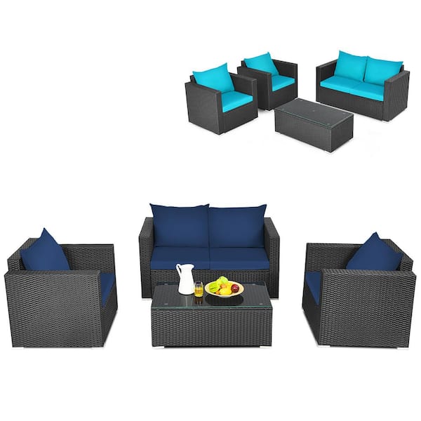 Costway 4-Piece Wicker Patio Conversation Furniture Set Cushioned Sofa Loveseat with Navy & Turquoise Cover