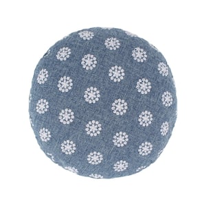 Wexford Denim Navy, White Floral Embroidered 16 in. x 16 in. Round Throw Pillow
