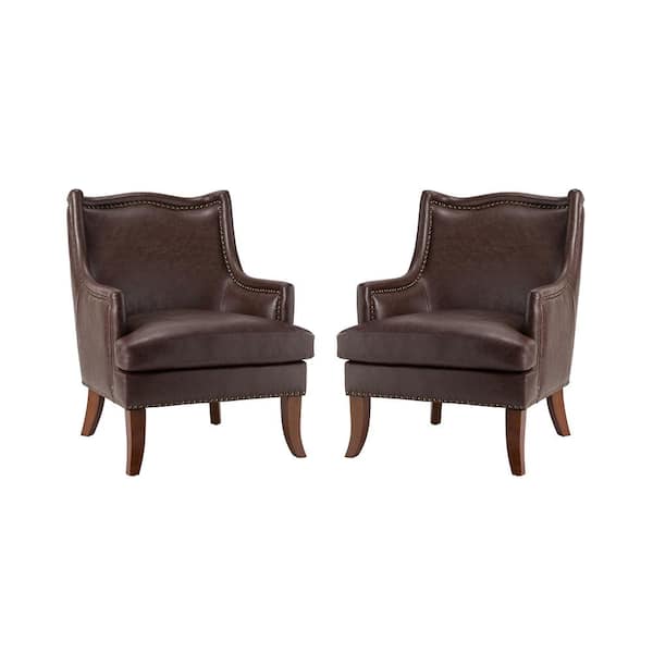 JAYDEN CREATION Laurenz Brown Vegan Leather Armchair with Nailhead Trim Set of 2