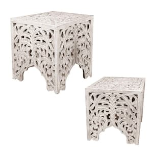 18 in. Antique White Wooden End Table with Floral Cut Out Design (Set of 2)