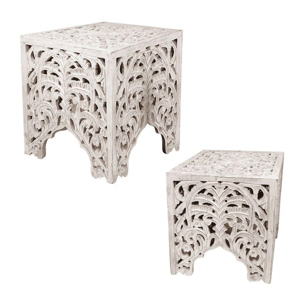 THE URBAN PORT 18 in. Antique White Wooden End Table with Floral Cut Out Design (Set of 2)