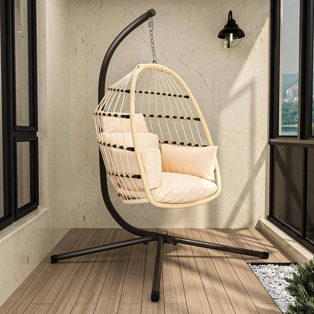 42.1 in. Metal Foldable Hanging Patio Swing Chair with Stand Natural Color