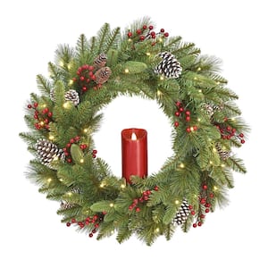 24 in. Artificial Feel Real Bristle Berry Wreath with 50 Battery Operated LED Lights, Red Electronic Candle Red Berries