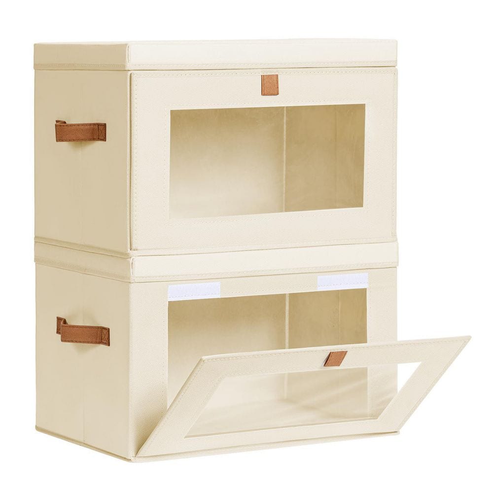 Beige 11.8 in. x 11 in. Fabric Collapsible Storage Bins with Handles and Window, Set of 2