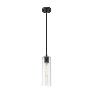 Crown Point 100-Watt 1 Light Matte Black Shaded Pendant Light with Seeded glass Seeded Glass Shade