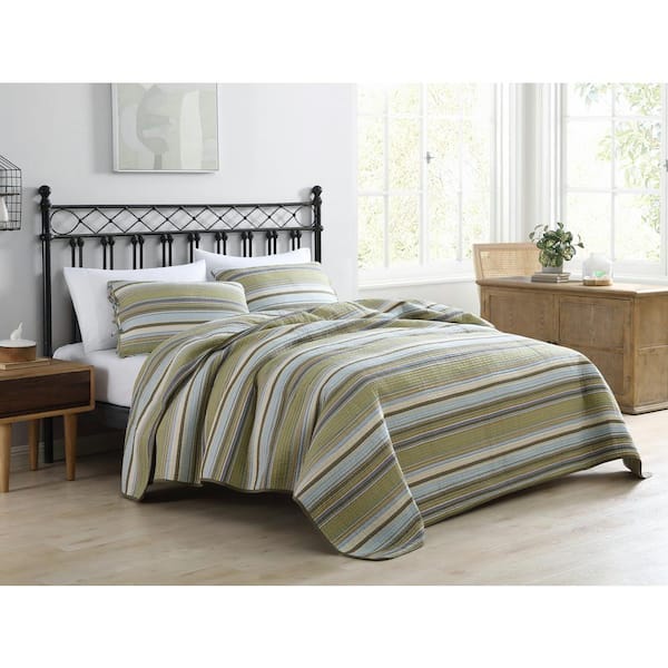 Stone Cottage Fresno 3-Piece Green Striped Cotton King Quilt Set