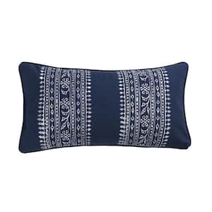 Valentina Navy, White Floral, Stripe Embroidered 24 in. x 12 in. Throw Pillow