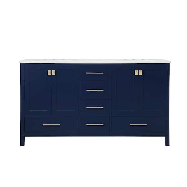 Unbranded Timeless Home 60 in. W x 22 in. D x 34 in. H Double Bathroom Vanity in Blue w/ Calacatta Engineered Stone w/ White Basin