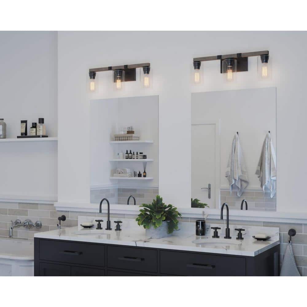 Barnes Mill Antique Bronze 3-Light Bath Vanity with Clear Seeded Glass