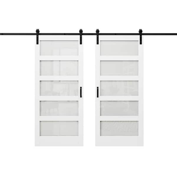 72 in. x 80 in. 5-Lite Tempered Frosted Glass White Primed MDF Sliding Barn Door with Hardware Kit (Soft Close Include)