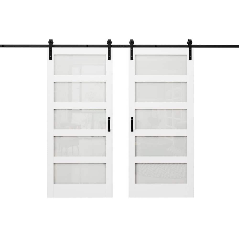 72 in. x 80 in. 5-Lite Tempered Frosted Glass White Primed MDF Without Soft Close Sliding Barn Door with Hardware Kit price history on PriceWatchPro