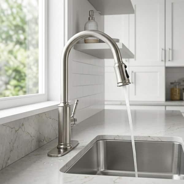 Grarcy 3-Mode Single Handle 19 in. Pull Down Sprayer Kitchen Faucet with 360° Spout Swivel in Brushed Nickel
