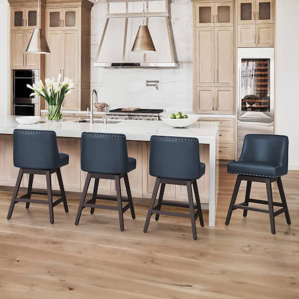 OrangeOne Hampton 26 in. Solid Wood Navy Blue Swivel Bar Stools with Back Faux Leather Upholstered Counter Bar Stool Set of 4