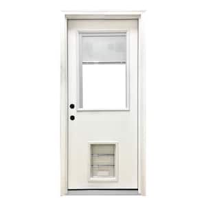 32 in. x 80 in. Reliant Series Clear Mini-Blind RHIS White Primed Fiberglass Prehung Front Door with Large Pet Door