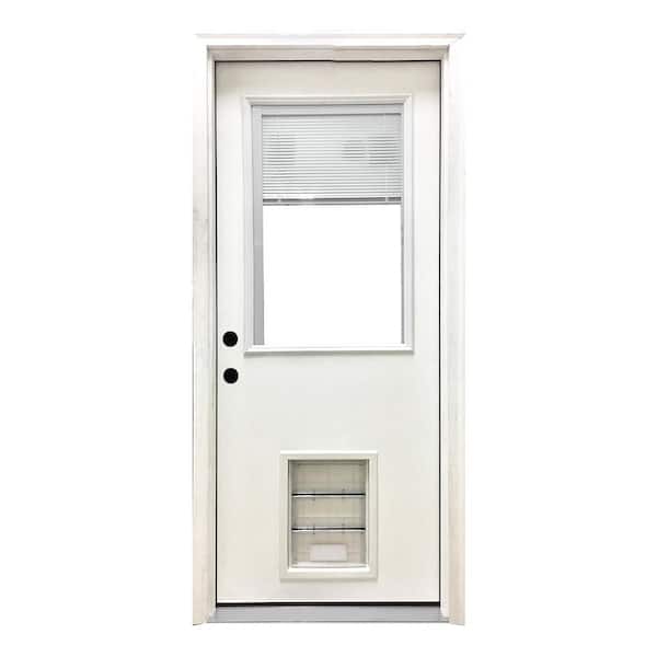 Steves & Sons 36 in. x 80 in. Reliant Series Clear Mini-Blind RHIS White Primed Fiberglass Prehung Front Door with Large Pet Door