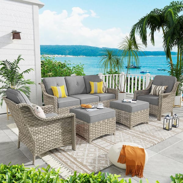 weaxty W Tulip F Gray 5-Piece Wicker Patio Outdoor Conversation Sofa Set with Ottoman and Dark Gray Cushions