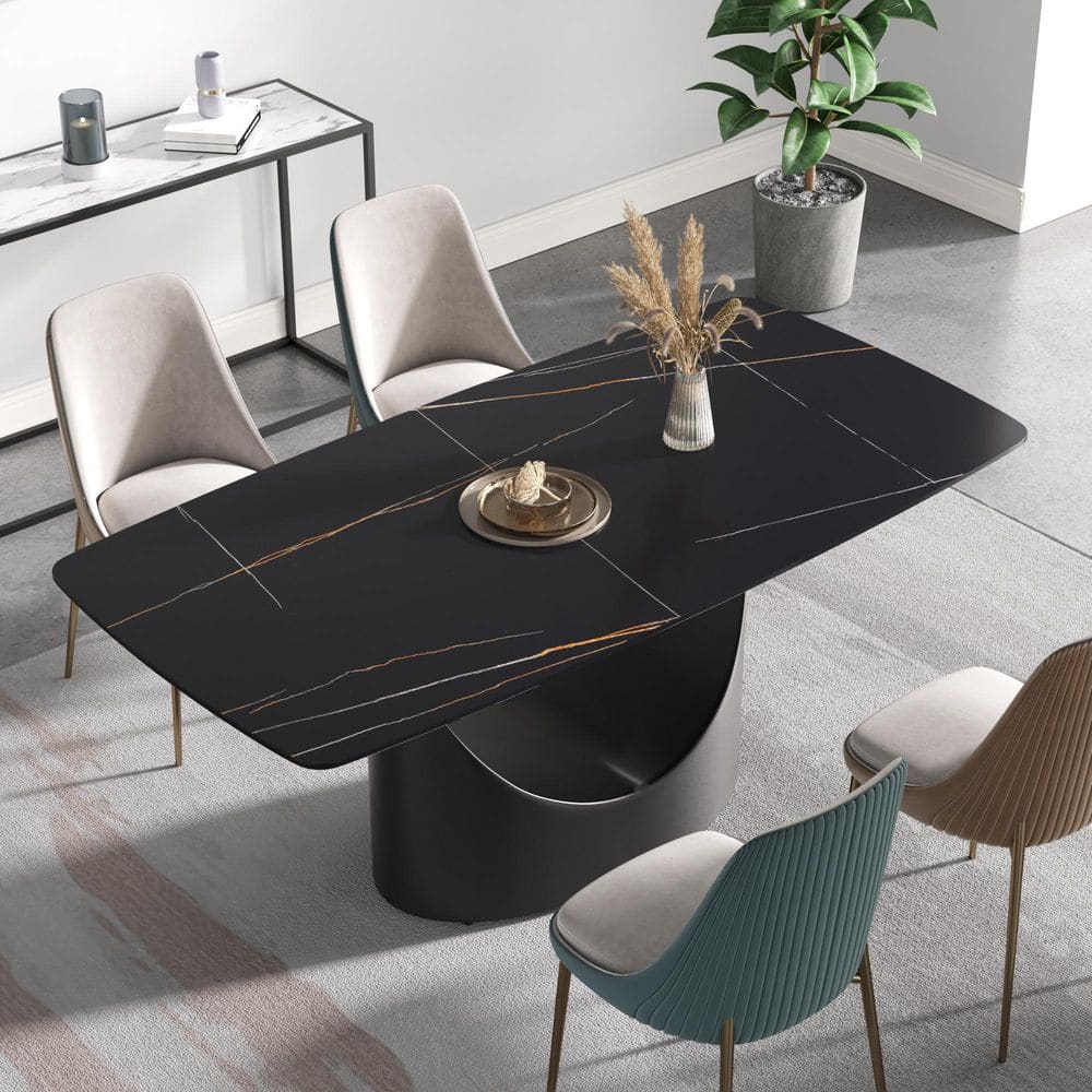 70.87 in. Black Sintered Stone Rectangle Top Pedestal Black Carbon Steel Legs Dining Table (Seats 6)