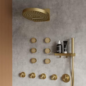 15-Spray 13 in. Wall Mount Dual Shower Head and Handheld Shower with 6-Jets in Brushed Gold (Valve Included)